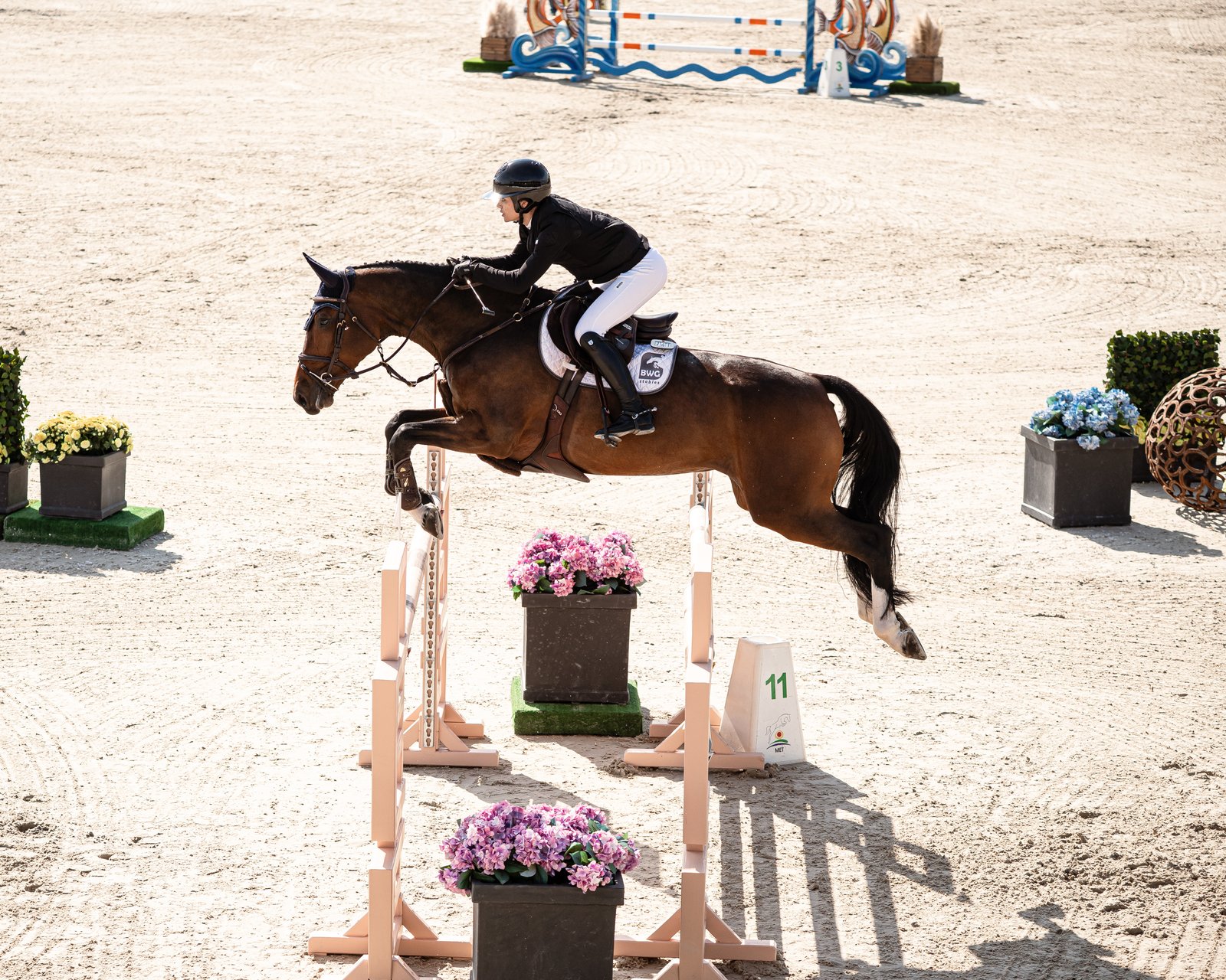 Emma Sophia Španko jumping on horseback over a fence during competition