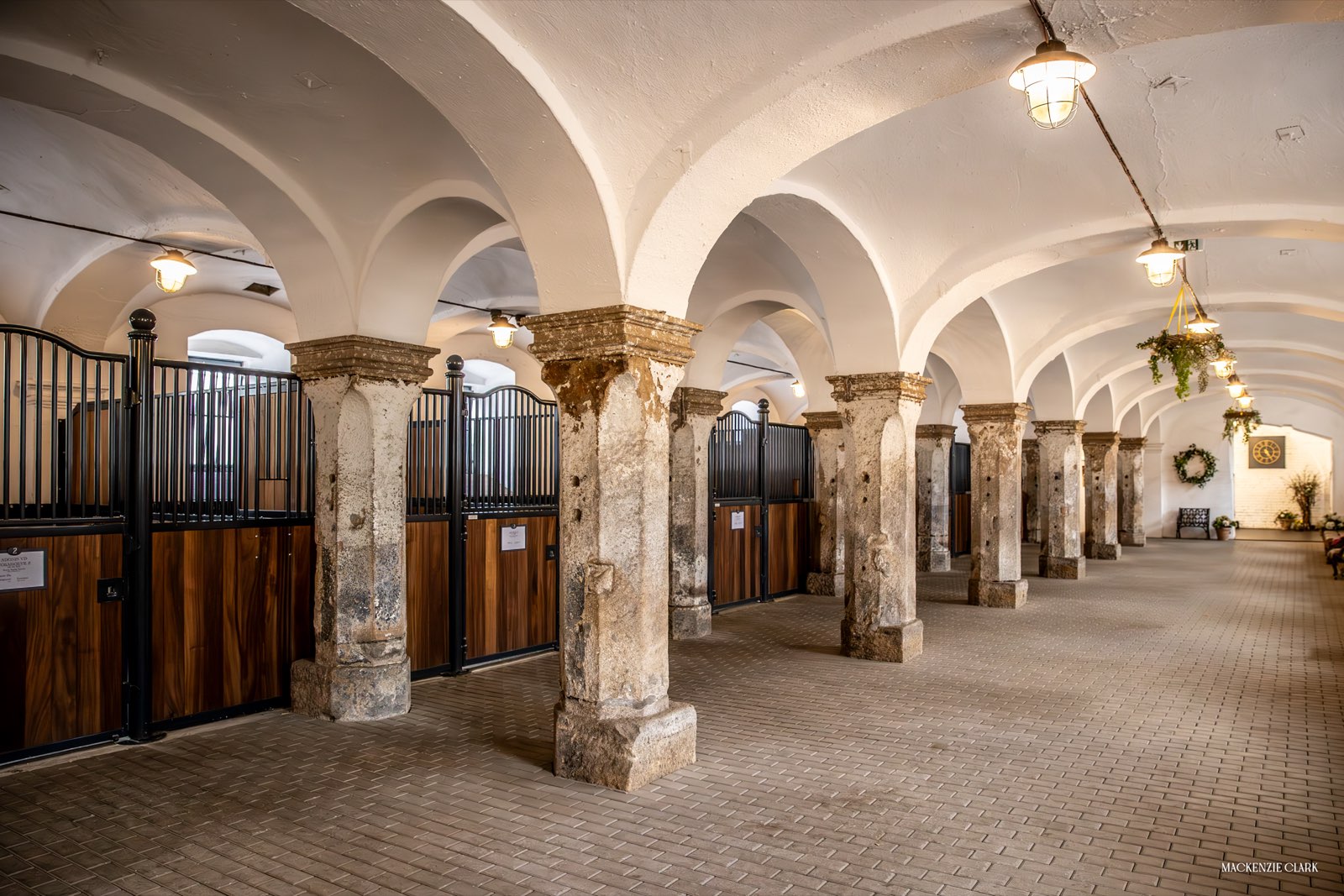 A long vaulted stable aisle with stone columns and iron stall fronts