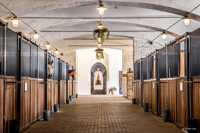 Long stable aisle leading to a statue beneath a chandelier