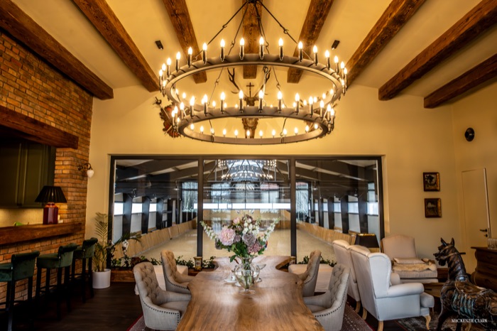 The clubhouse dining room, with an antler-ring chandelier