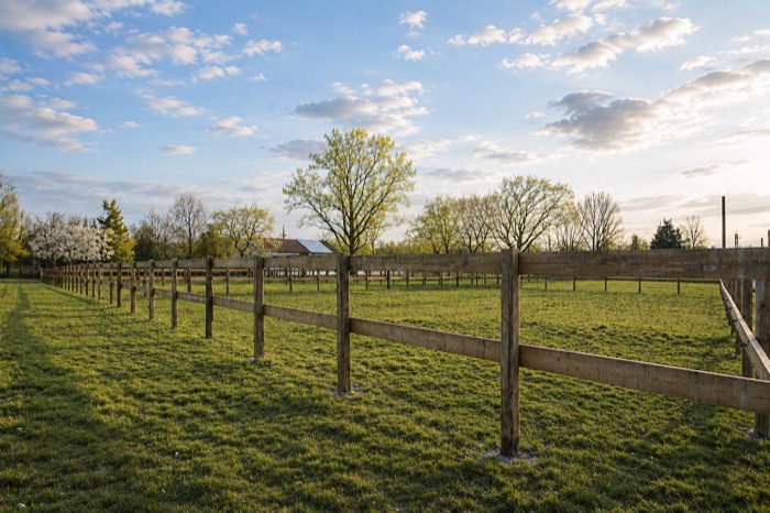 Post-and-rail paddock fencing at golden hour