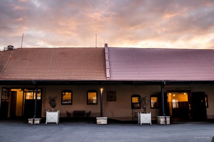 The clubhouse building at sunset